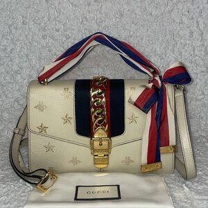 Gucci Sylvie Bee and Star Motif Web Stripe Beige Leather Crossbody Shoulder Bag